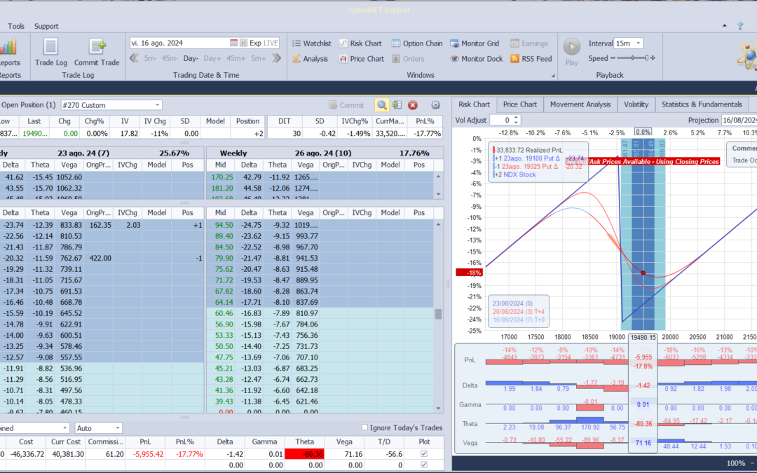 La posición después de haber quitado el ajuste del miércoles, comprado el futuro (2 deltas) en 19234 y liquidado las put spreads vendidas. Hoy Volveremos a vender las put spreads de nuevo.